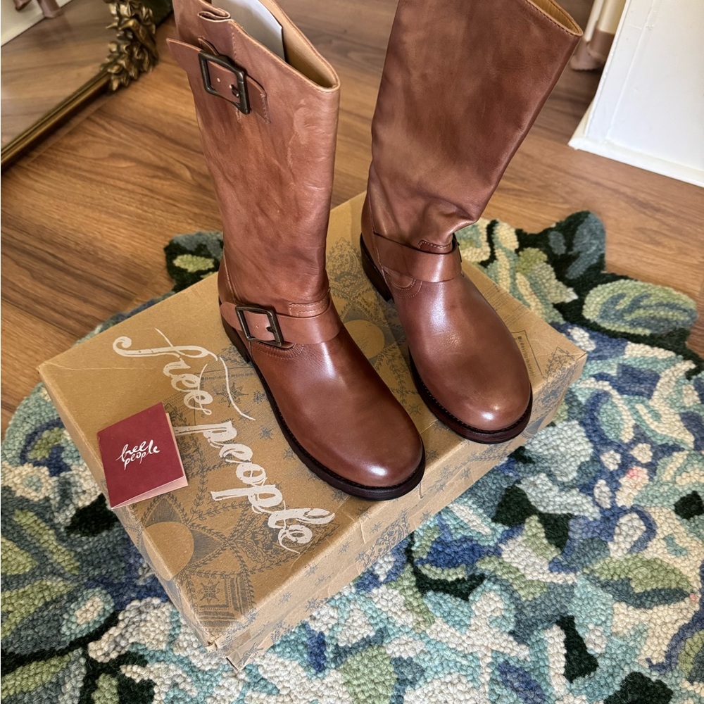 Free People Tan Leather Buckle Boots
